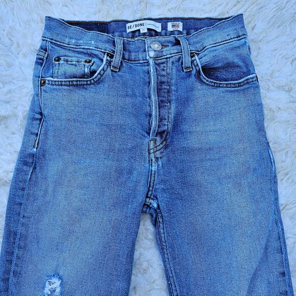 Size 24 Crop Jeans High Rise Ankle Re/Done Distressed Stretch Denim Button Fly - Picture 3 of 11